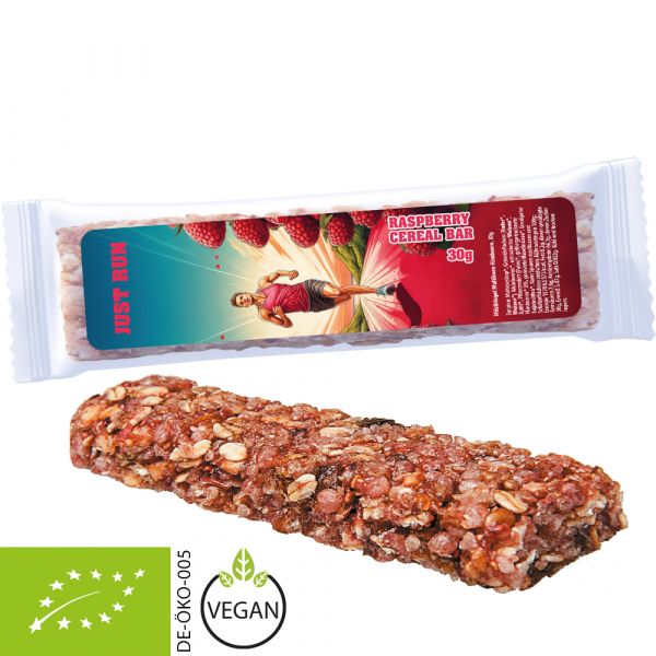 bio cereální tyčinky malinová, pro vegany, s reklamním potiskem etikety na obalu