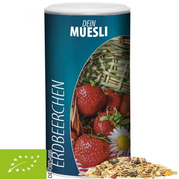 bio jahodové musli v kartonové dóze s vlastním potiskem