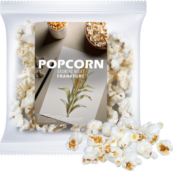 slaný popcorn v reklamním sáčku